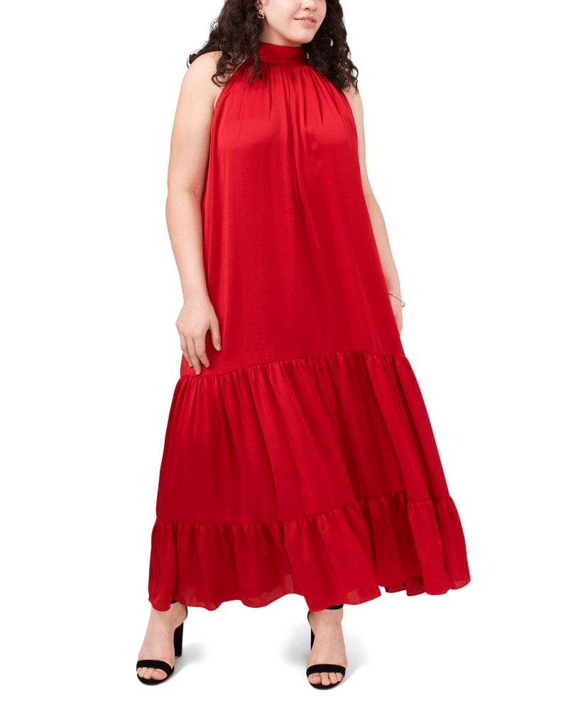 Front of a model wearing a size 1X Zoe Tiered Maxi Dress in Vermillion by Vince Camuto. | dia_product_style_image_id:261958